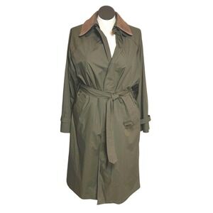 Classic Trench Coat Olive Green Suede Collar Men Size 40 REG Rain Coat Lining